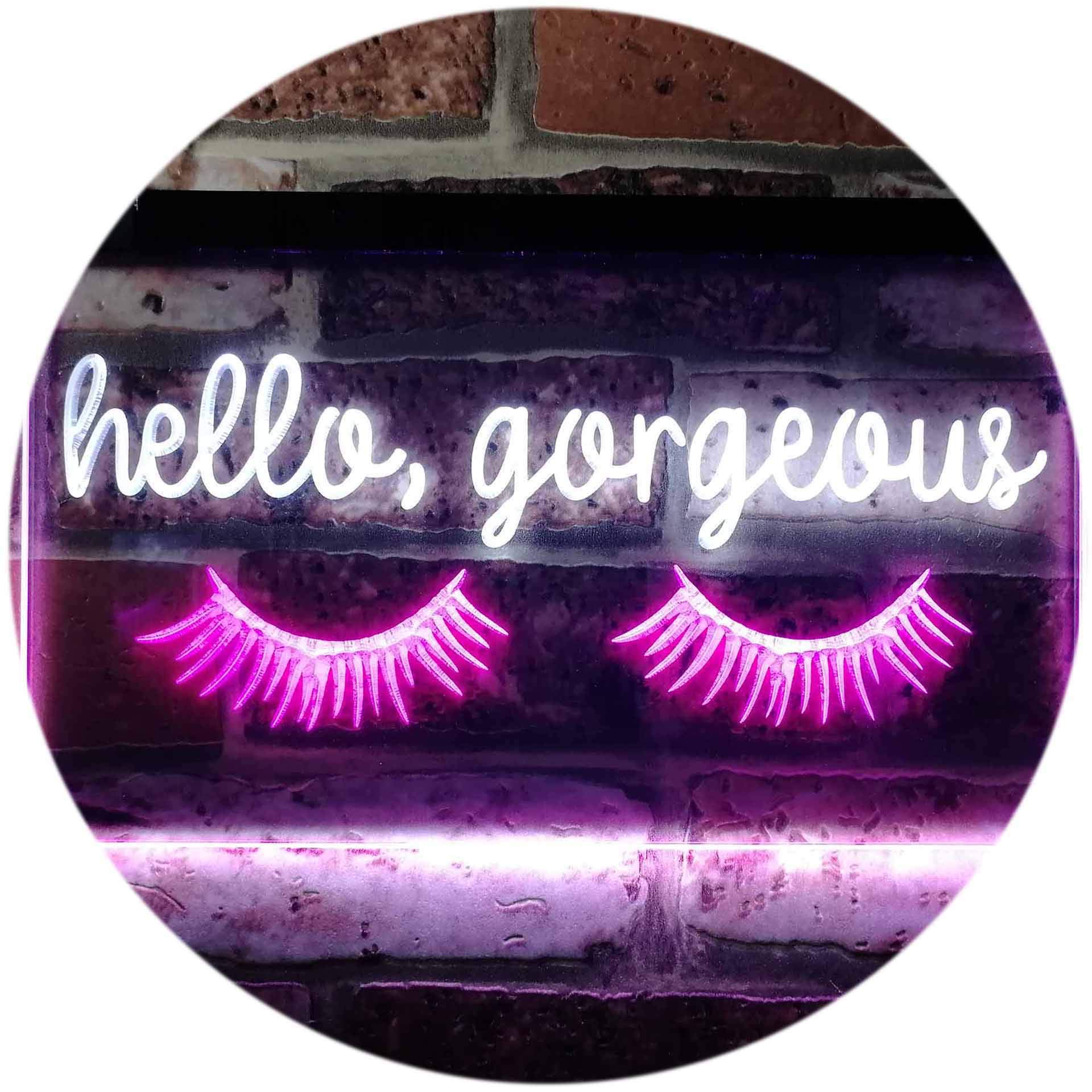 ADVPRO Hello Gorgeous Eyelash Room Display Dual Color LED Neon Sign White & Purple 16" x 12" st6s43-i3178-wp