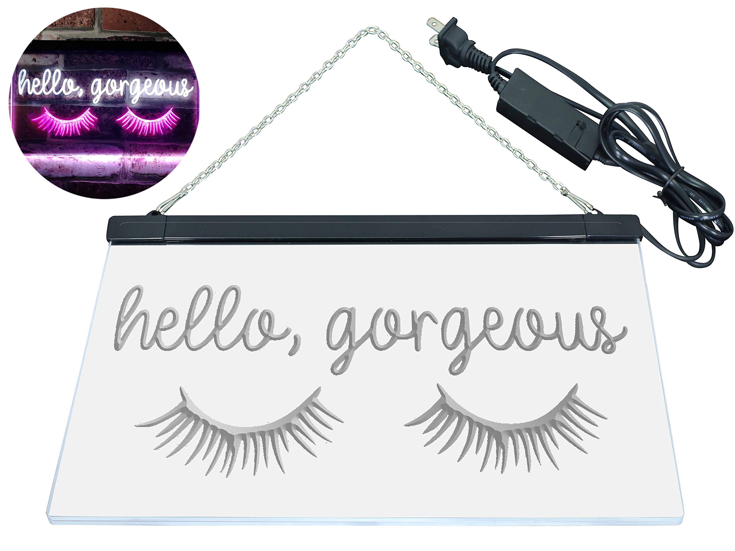 ADVPRO Hello Gorgeous Eyelash Room Display Dual Color LED Neon Sign White & Purple 16" x 12" st6s43-i3178-wp