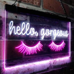 ADVPRO Hello Gorgeous Eyelash Room Display Dual Color LED Neon Sign White & Purple 16" x 12" st6s43-i3178-wp