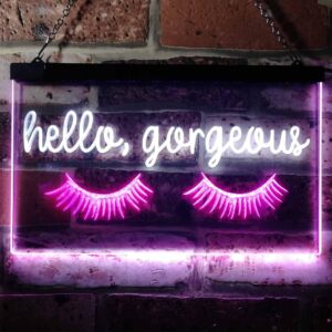 ADVPRO Hello Gorgeous Eyelash Room Display Dual Color LED Neon Sign White & Purple 16" x 12" st6s43-i3178-wp