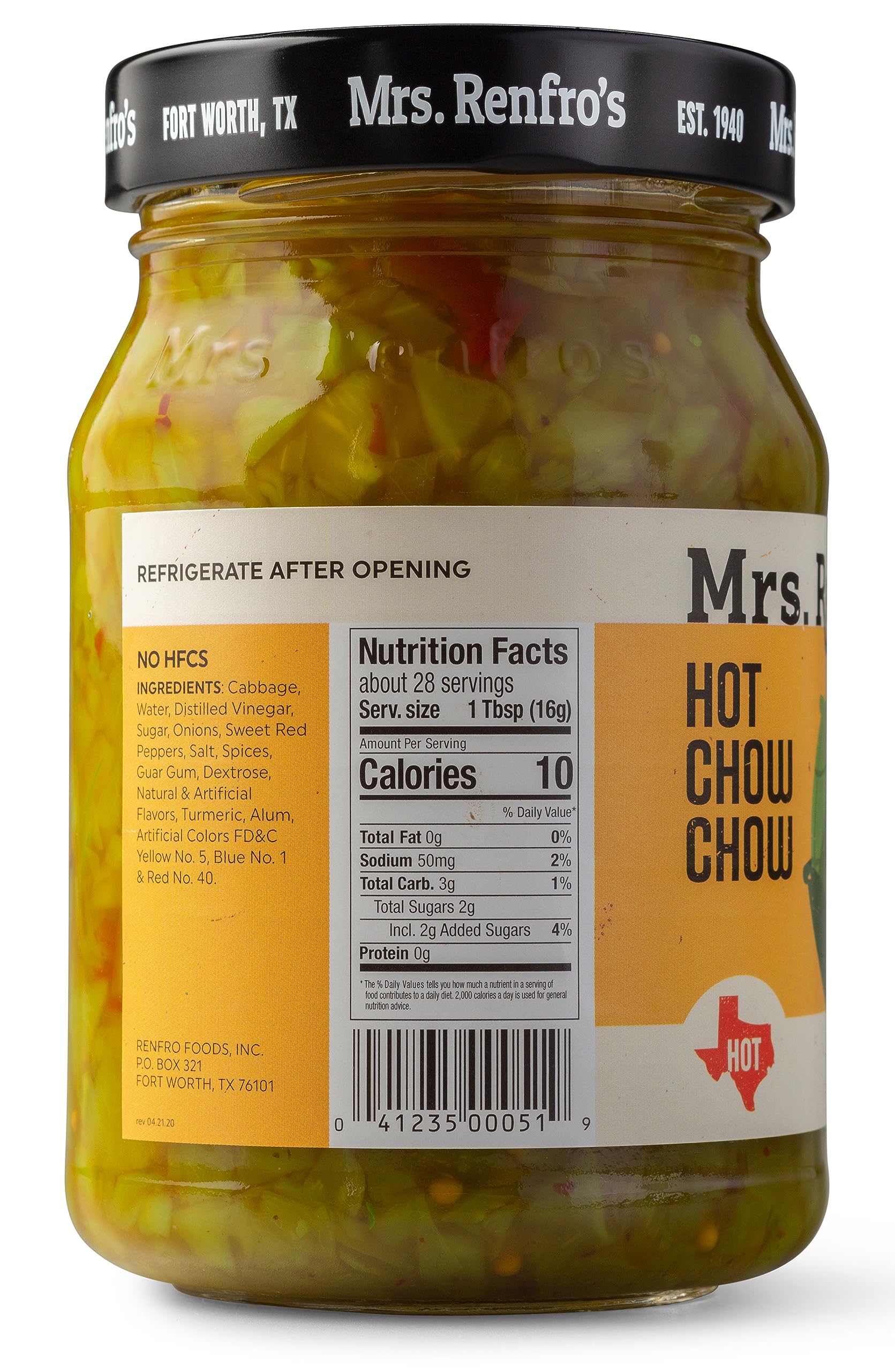 Mrs. Renfro's Hot Chow Chow | No HFCS, 16-oz Jar (Pack of 4)