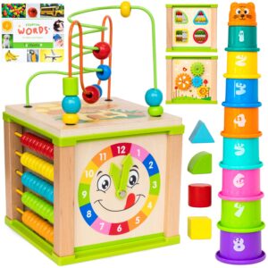 toyventive wooden activity cube, montessori toys, multipurpose educational sensory toy for 1-2 year old baby, toddler, kid, boy | birthday gift | bonus first words book