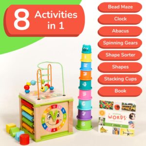 TOYVENTIVE Wooden Activity Cube, Montessori Toys, Multipurpose Educational Sensory Toy for 1-2 Year Old Baby, Toddler, Kid, Boy | Birthday Gift | Bonus First Words Book