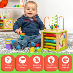 TOYVENTIVE Wooden Activity Cube, Montessori Toys, Multipurpose Educational Sensory Toy for 1-2 Year Old Baby, Toddler, Kid, Boy | Birthday Gift | Bonus First Words Book