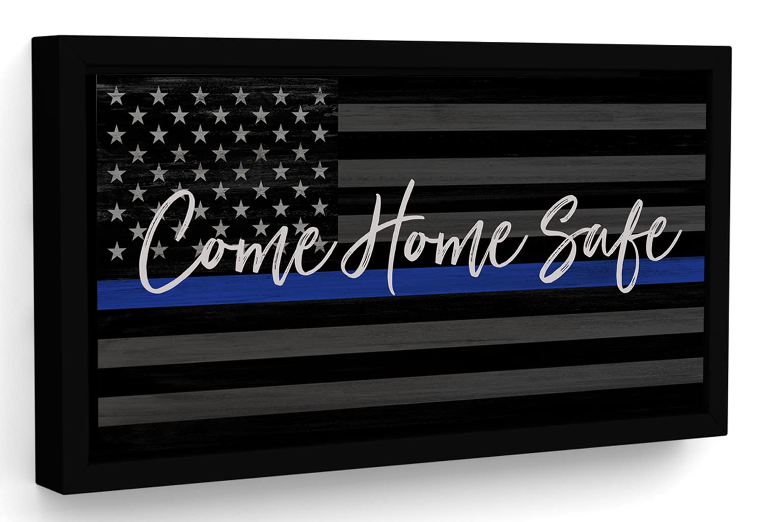 Come Home Safe, Police Officer Sign | 10x20 Black Framed Ready-To-Hang Canvas Wall Art, Law Enforcement Thin Blue Line Print