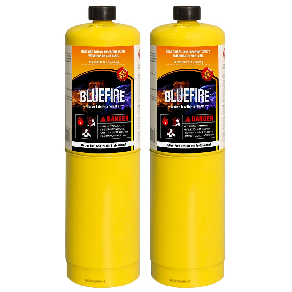 Pack of 2, 14.1 oz BLUEFIRE Modern MAPP Gas Cylinder, 99.9% High Purity Propylene Equal To MAP-PRO, Hotter than Propane! Variation of Quantity Bundles Available (2)