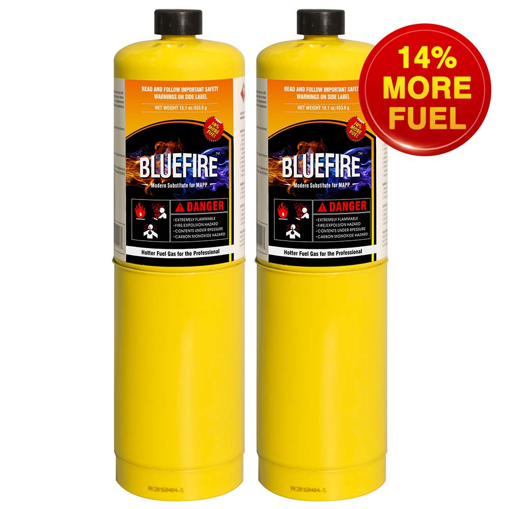 Pack of 2, 14.1 oz BLUEFIRE Modern MAPP Gas Cylinder, 99.9% High Purity Propylene Equal To MAP-PRO, Hotter than Propane! Variation of Quantity Bundles Available (2)