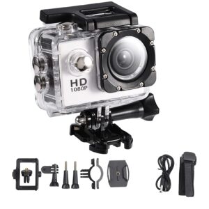 Action Camera 12MP Waterproof 30m Outdoor Sports Video Camera 1080P Full LCD Mini Camcorder with 900mAh Rechargeable Batteries and Mounting Accessories Kits(White)