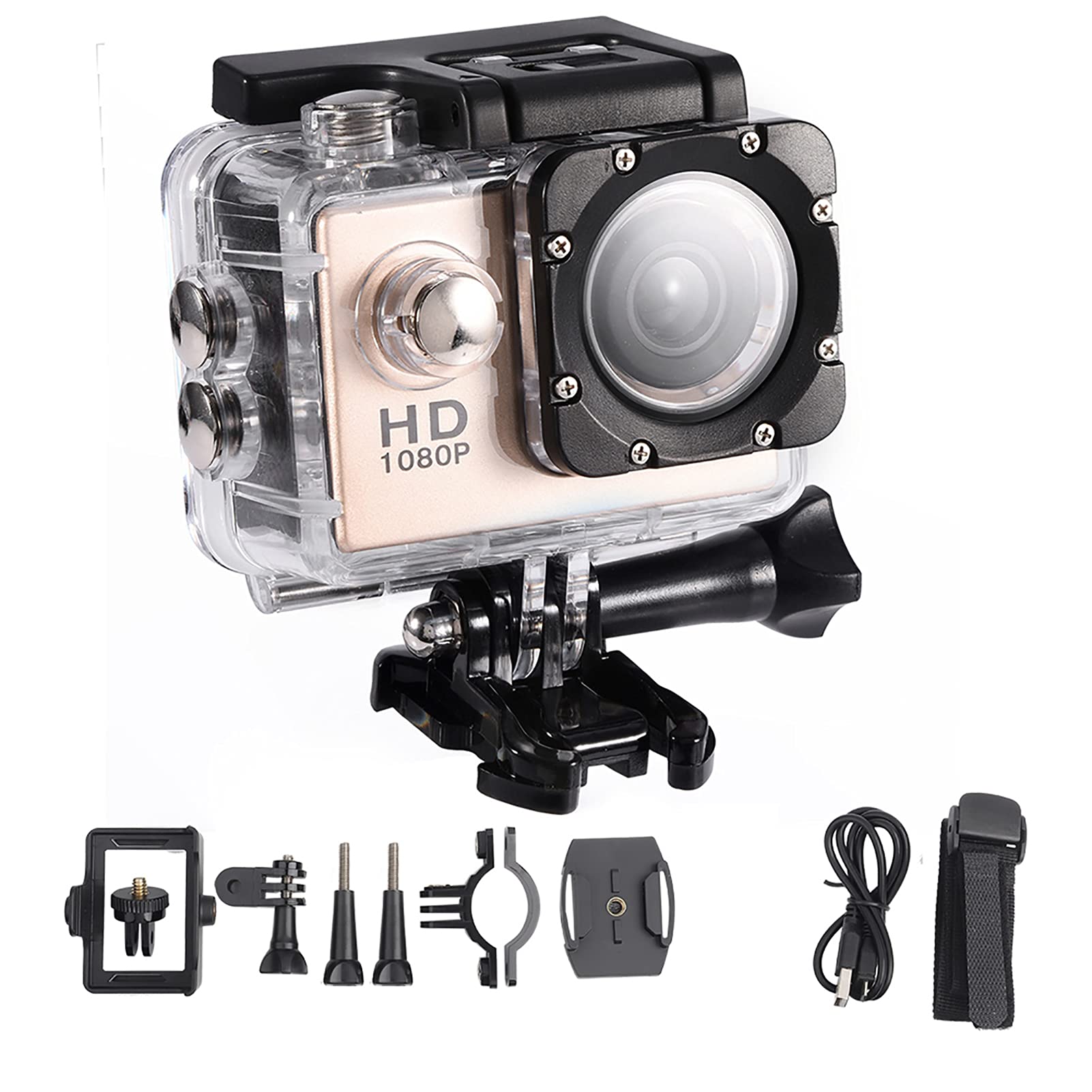 Serounder Action Camera 12MP Waterproof 30m Outdoor Sports Video Camera 1080P Full LCD Mini Camcorder with 900mAh Rechargeable Batteries and Mounting Accessories Kits(Gold)