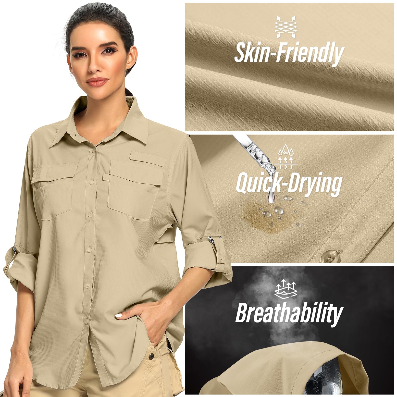 Women's UPF 50 Long Sleeve Safari Shirts,Sun Protection Quick Dry Outdoor Fishing Hiking Gardening Shirt,F5026,Khaki,L