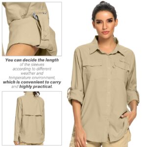 Women's UPF 50 Long Sleeve Safari Shirts,Sun Protection Quick Dry Outdoor Fishing Hiking Gardening Shirt,F5026,Khaki,L