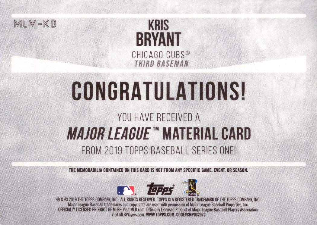 2019 Topps Major League Materials Relics #MLM-KB Kris Bryant Game Worn Cubs Jersey Baseball Card - White Jersey Swatch