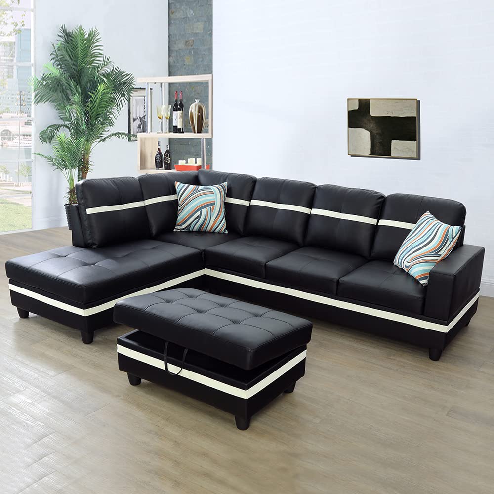 GEBADOL Lifestyle Furniture 3 Piece Sectional Sofa Couch Set, L-Shaped Modern Sofa with Chaise Storage Ottoman and Pillows, Faux Leather, Left Facing