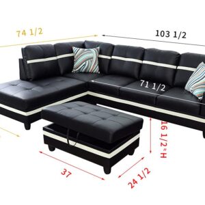 GEBADOL Lifestyle Furniture 3 Piece Sectional Sofa Couch Set, L-Shaped Modern Sofa with Chaise Storage Ottoman and Pillows, Faux Leather, Left Facing