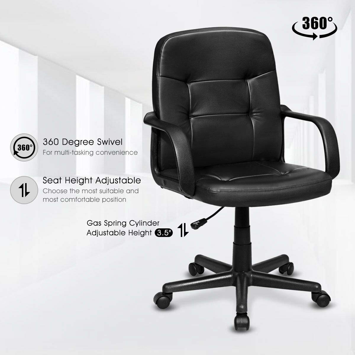 Giantex Executive Chair Mid Back Office W/Arms and Swivel Wheels, Ergonomic PU Leather for Home Office Use Computer Desk Task Chair