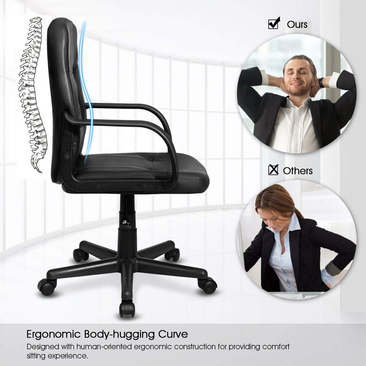 Giantex Executive Chair Mid Back Office W/Arms and Swivel Wheels, Ergonomic PU Leather for Home Office Use Computer Desk Task Chair