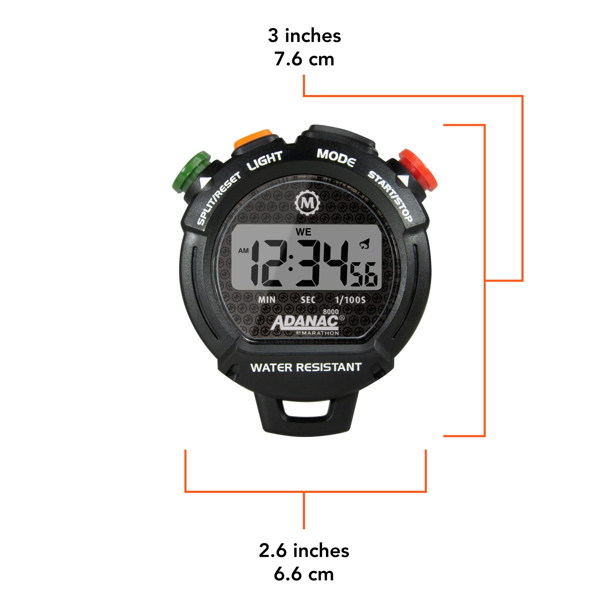 Marathon Adanac 8000 Digital Stopwatch Timer, Black - High Precision Accuracy to 1/100th Seconds - Includes Backlight - Water, Dust & Shock Resistant - 40” Lanyard Included