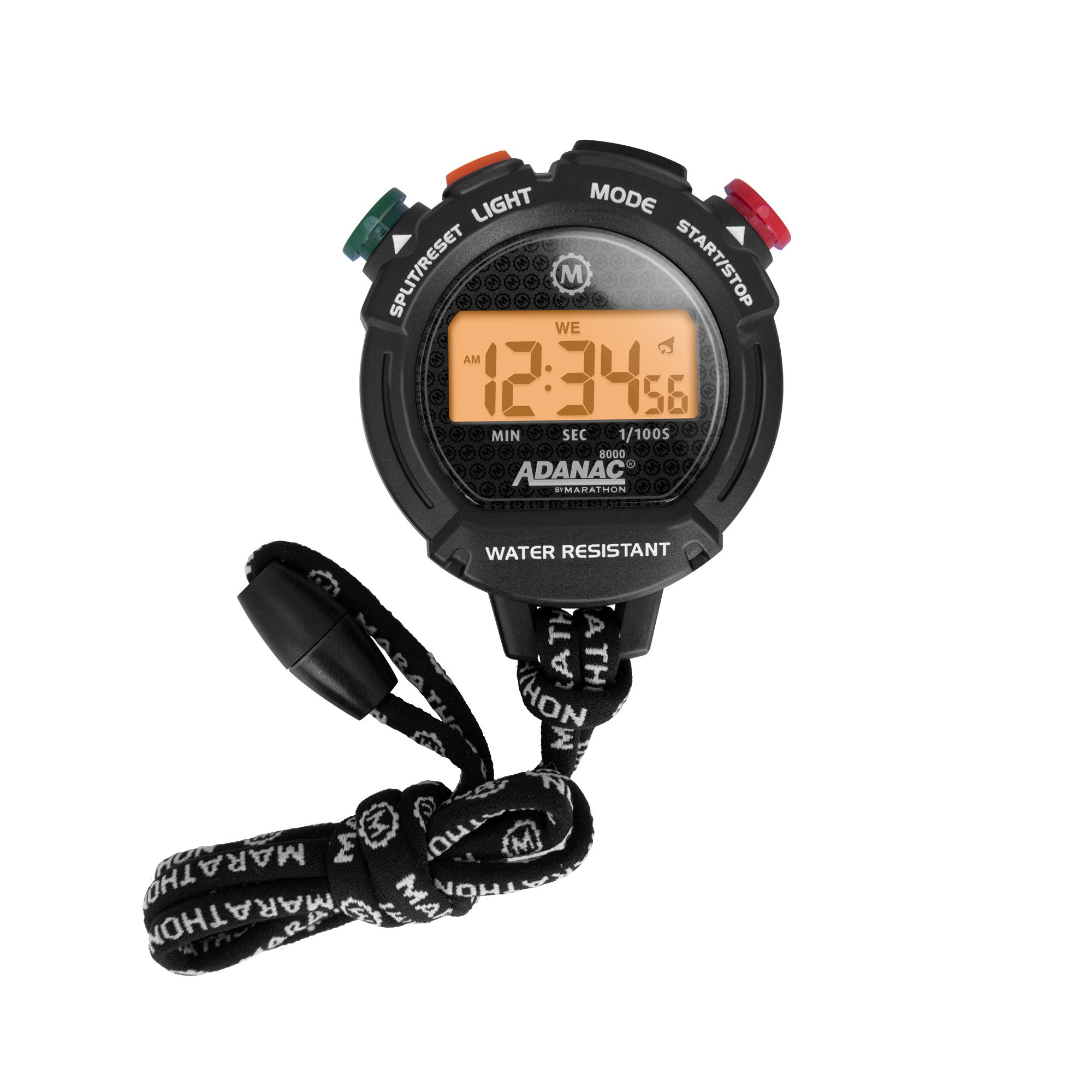 Marathon Adanac 8000 Digital Stopwatch Timer, Black - High Precision Accuracy to 1/100th Seconds - Includes Backlight - Water, Dust & Shock Resistant - 40” Lanyard Included