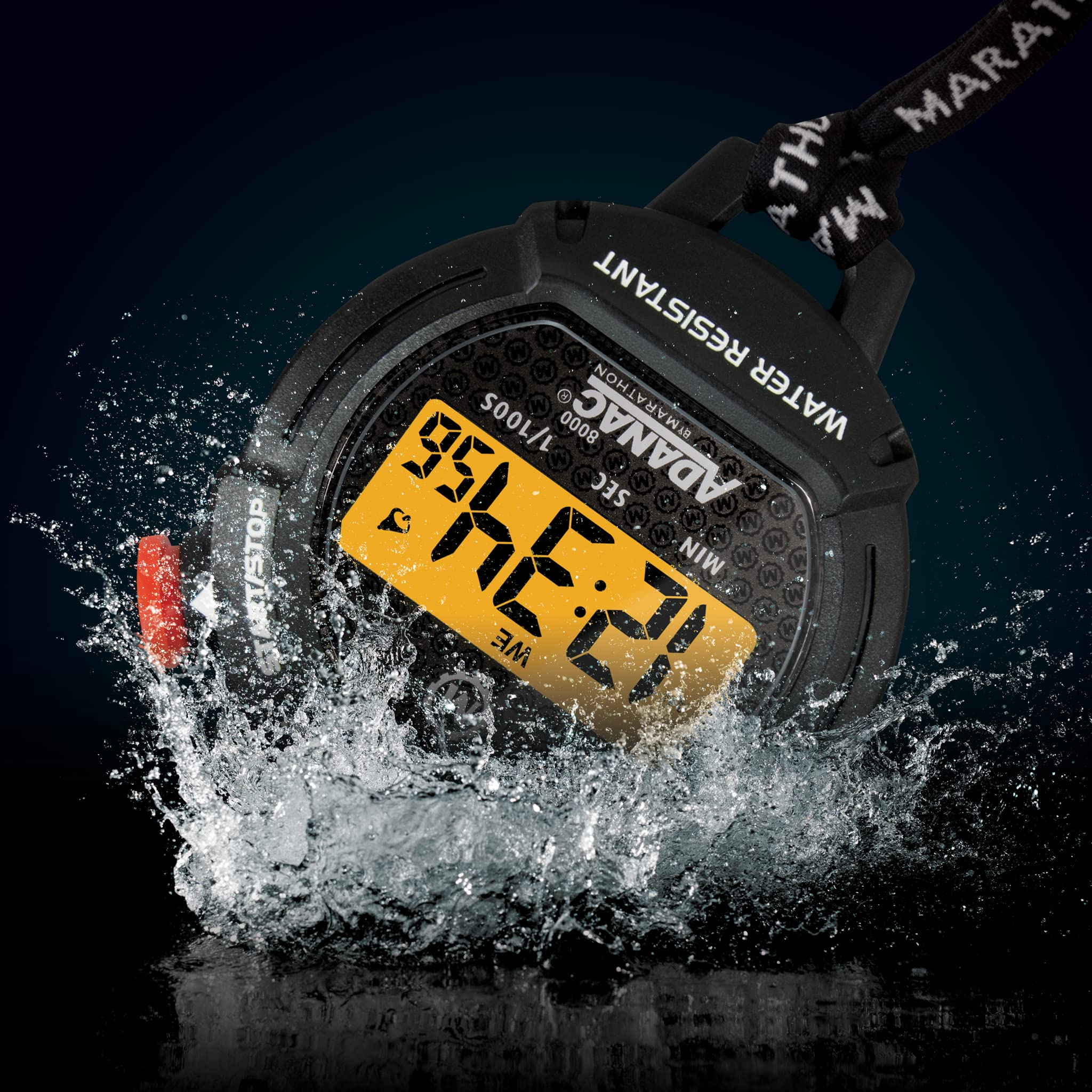 Marathon Adanac 8000 Digital Stopwatch Timer, Black - High Precision Accuracy to 1/100th Seconds - Includes Backlight - Water, Dust & Shock Resistant - 40” Lanyard Included