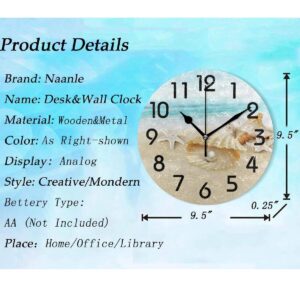 Naanle 3D Beautiful Summer Beach Shell Pearl Starfish Print Round Wall Clock Decorative, 9.5 Inch Battery Operated Quartz Analog Quiet Desk Clock for Home,Office,School