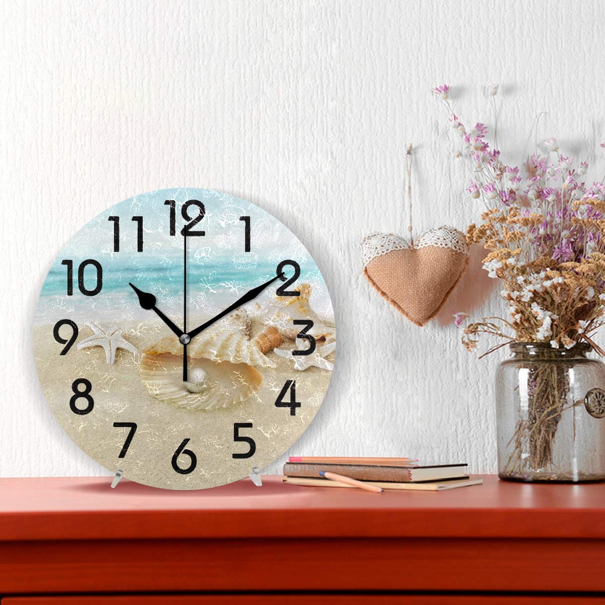 Naanle 3D Beautiful Summer Beach Shell Pearl Starfish Print Round Wall Clock Decorative, 9.5 Inch Battery Operated Quartz Analog Quiet Desk Clock for Home,Office,School