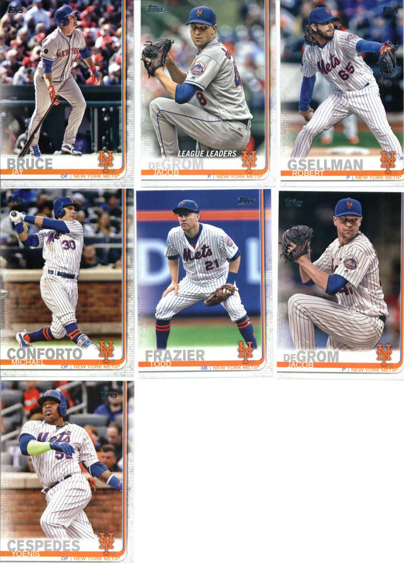 2019 Topps Series 1 Baseball New York Mets Team Set of 10 Cards: Jacob deGrom(#19), Jay Bruce(#44), Michael Conforto(#109), Robert Gsellman(#120), Yoenis Cespedes(#128), Brandon Nimmo(#172), Jacob deGrom(#200), Todd Frazier(#205), Seth Lugo(#237), Jeff Mc