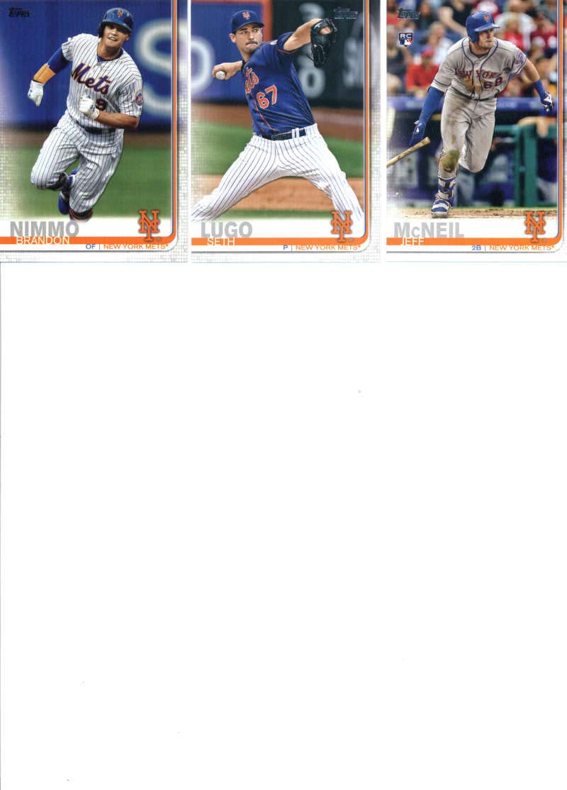 2019 Topps Series 1 Baseball New York Mets Team Set of 10 Cards: Jacob deGrom(#19), Jay Bruce(#44), Michael Conforto(#109), Robert Gsellman(#120), Yoenis Cespedes(#128), Brandon Nimmo(#172), Jacob deGrom(#200), Todd Frazier(#205), Seth Lugo(#237), Jeff Mc