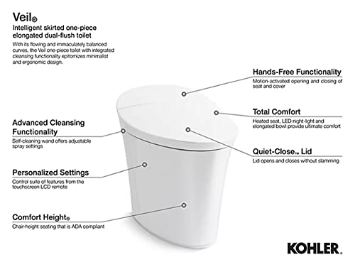 Kohler K-5401-PA-0 Veil Comfort Height Skirted One-Piece Elongated Dual-Flush Intelligent toilet, White