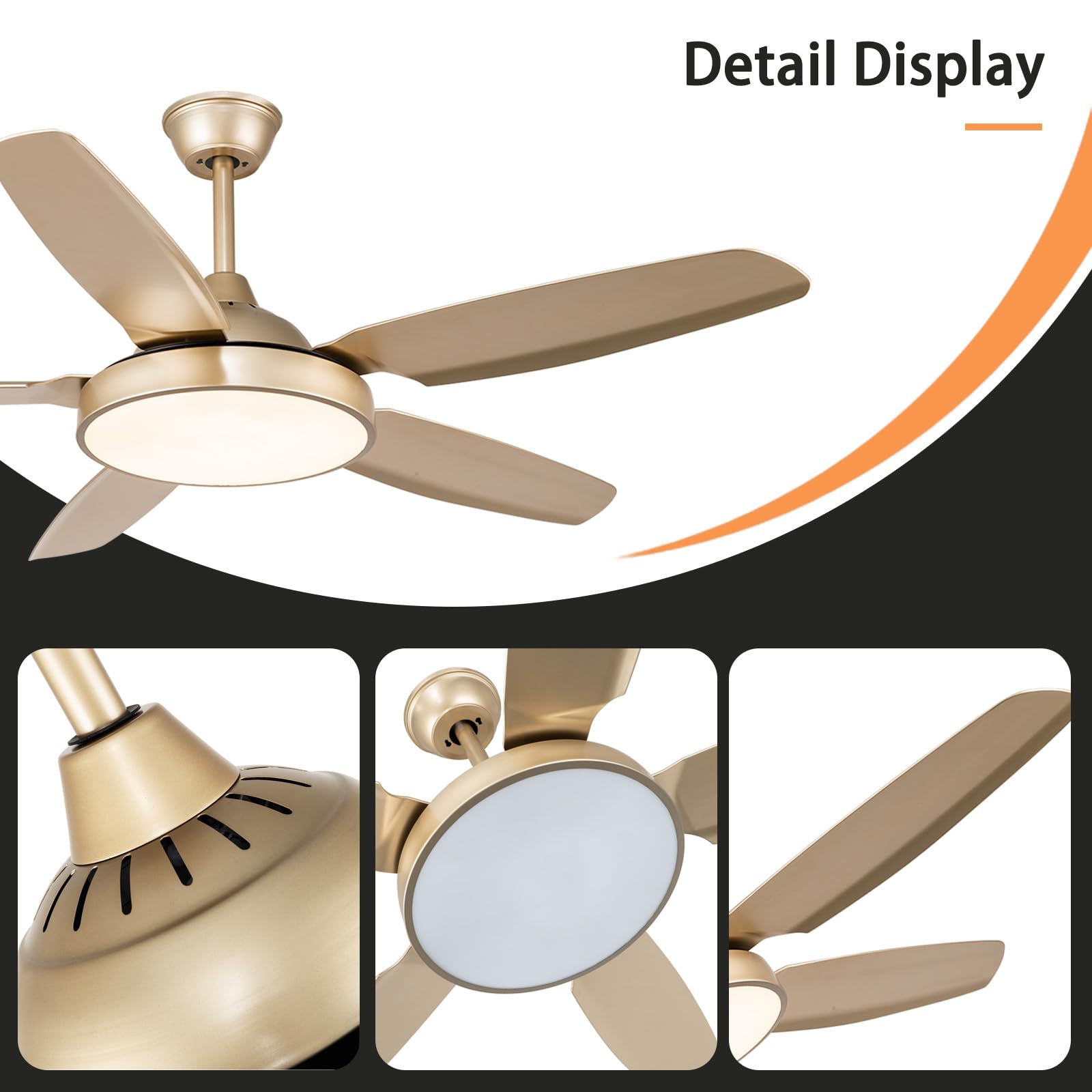 Morpholife 52" Gold Ceiling Fan with Lights Remote Control, Modern Champagne LED Chandelier Ceiling Fan Light Kit, Indoor Farmhouse Rustic Ceiling Fan with 5 Abs Blades for Living Room, Bedroom
