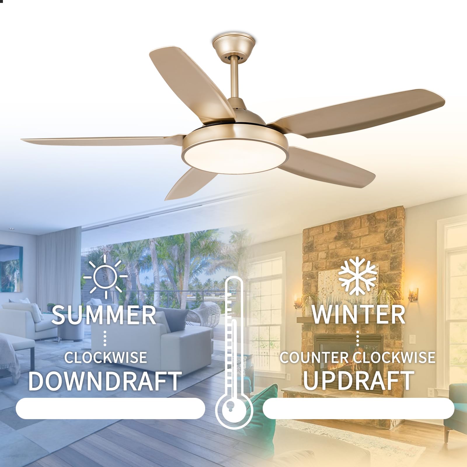 Morpholife 52" Gold Ceiling Fan with Lights Remote Control, Modern Champagne LED Chandelier Ceiling Fan Light Kit, Indoor Farmhouse Rustic Ceiling Fan with 5 Abs Blades for Living Room, Bedroom