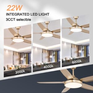 Morpholife 52" Gold Ceiling Fan with Lights Remote Control, Modern Champagne LED Chandelier Ceiling Fan Light Kit, Indoor Farmhouse Rustic Ceiling Fan with 5 Abs Blades for Living Room, Bedroom