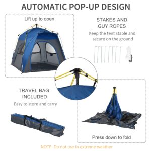 Outsunny Camping Tents 4 Person Pop Up Tent Quick Setup Automatic Hydraulic Family Travel Tent w/Windows, Doors Carry Bag Included, Blue