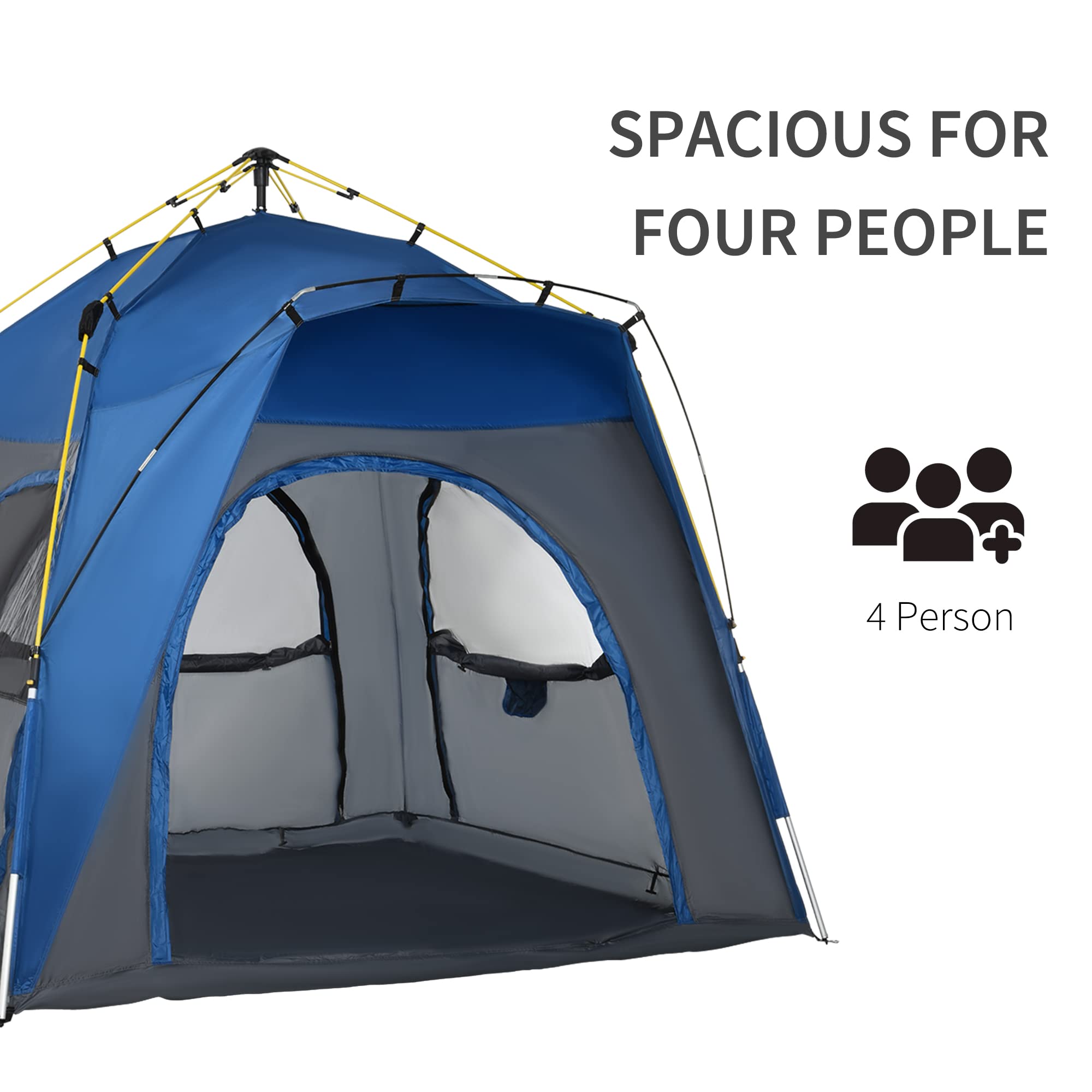 Outsunny Camping Tents 4 Person Pop Up Tent Quick Setup Automatic Hydraulic Family Travel Tent w/Windows, Doors Carry Bag Included, Blue