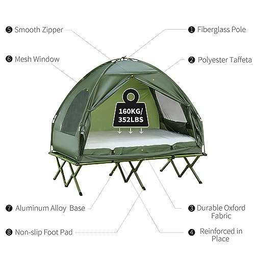 Outsunny 2 Person Foldable Camping Cot with Tent, Bedspread and Thick Air Mattress, 4-in-1 Elevated Camping Bed Tent for Outdoor Hiking, Picnic, Travel