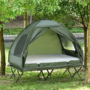 Outsunny 2 Person Foldable Camping Cot with Tent, Bedspread and Thick Air Mattress, 4-in-1 Elevated Camping Bed Tent for Outdoor Hiking, Picnic, Travel