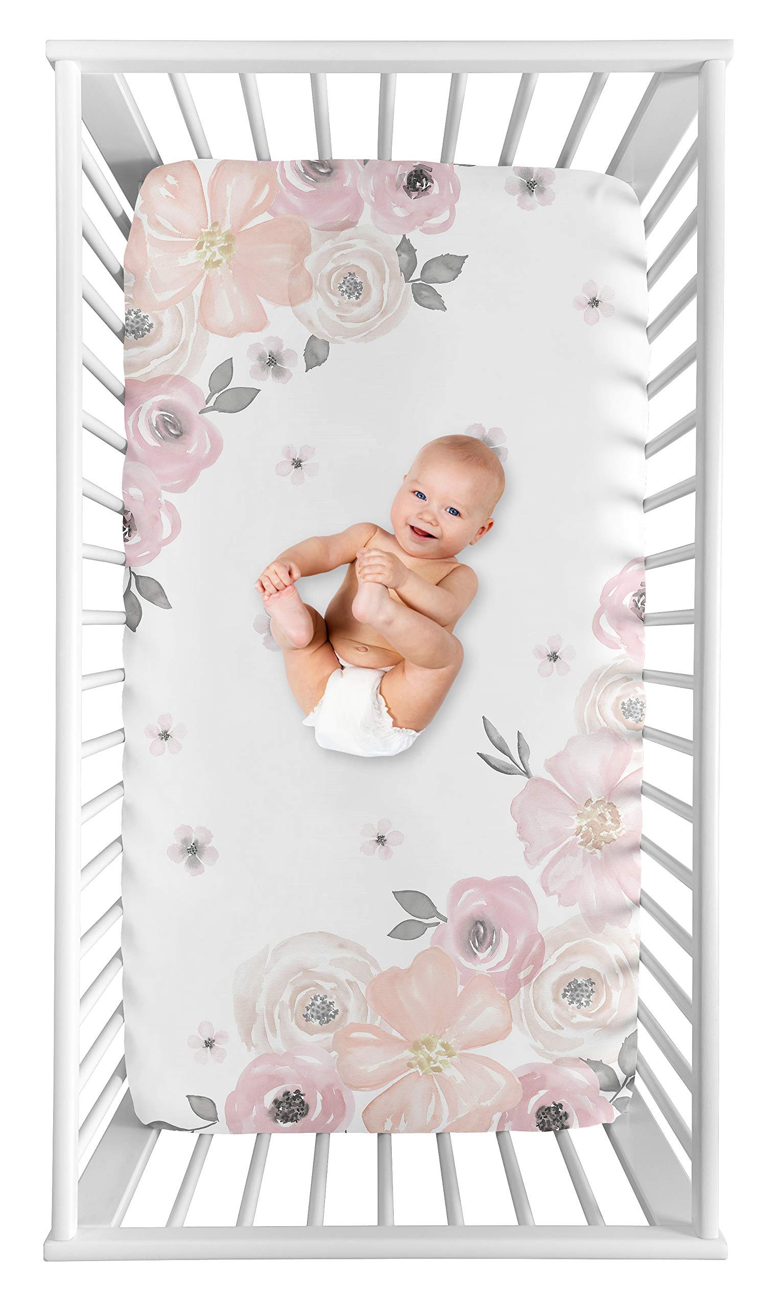 Sweet Jojo Designs Blush Pink, Grey and White Photo Op Baby or Toddler Fitted Crib Sheet for Watercolor Floral Collection