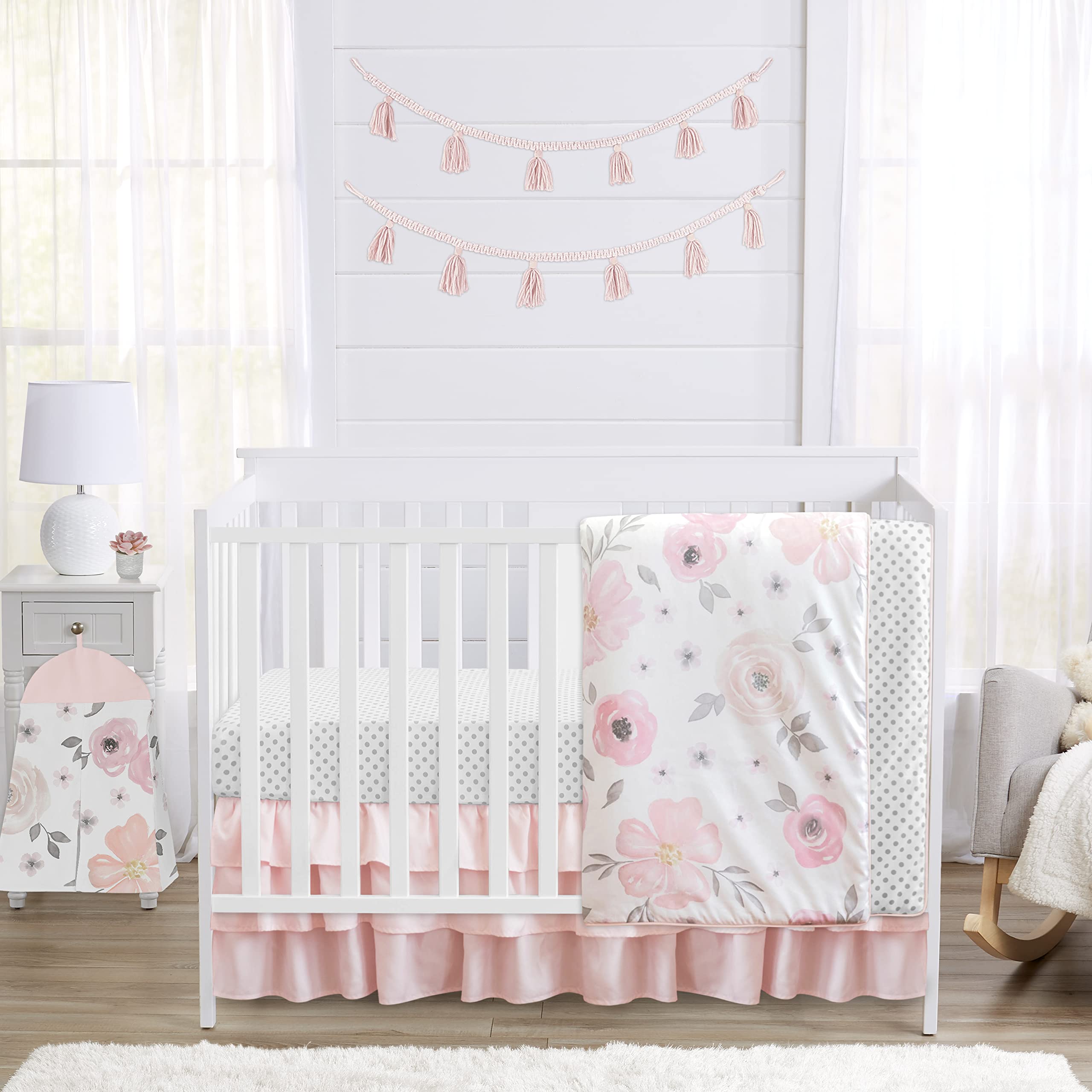 Sweet Jojo Designs Blush Pink, Grey and White Photo Op Baby or Toddler Fitted Crib Sheet for Watercolor Floral Collection