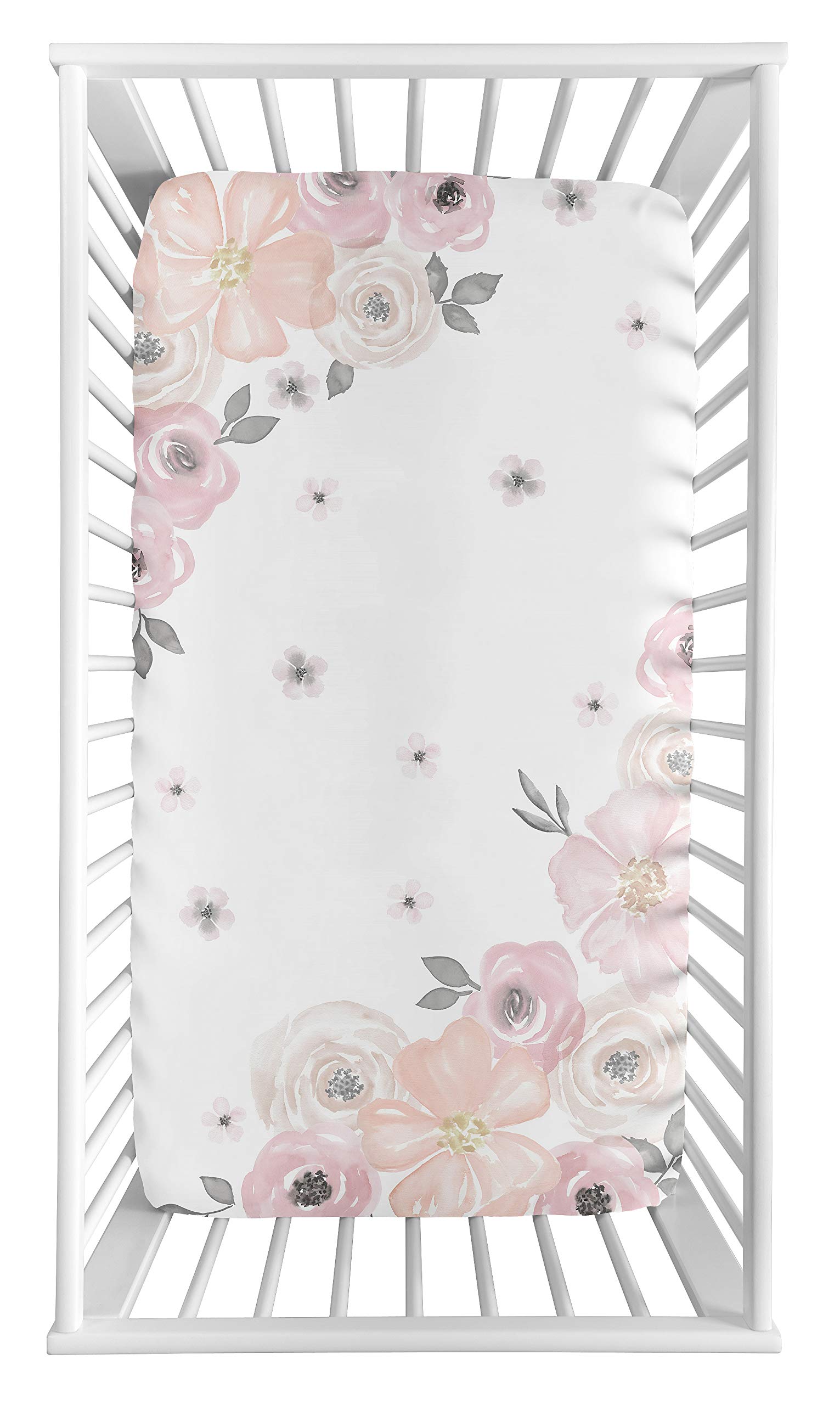 Sweet Jojo Designs Blush Pink, Grey and White Photo Op Baby or Toddler Fitted Crib Sheet for Watercolor Floral Collection