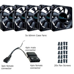 Apevia CF6015S-5 (5 Pk) 60mm x 60mm x 15mm Black Case Fan W/4PIN Molex + 3PIN Motherboard Adapter