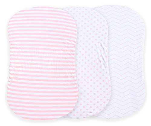 NODNAL CO. 3 Fitted Bassinet Sheets Pink Set for Baby Girl - 100% OEKO-TEX Cotton - Chevron, Polka Dot and Stripe - for Cradle/Moses Basket Hourglass, Oval & Rectangle Mattress Sheet