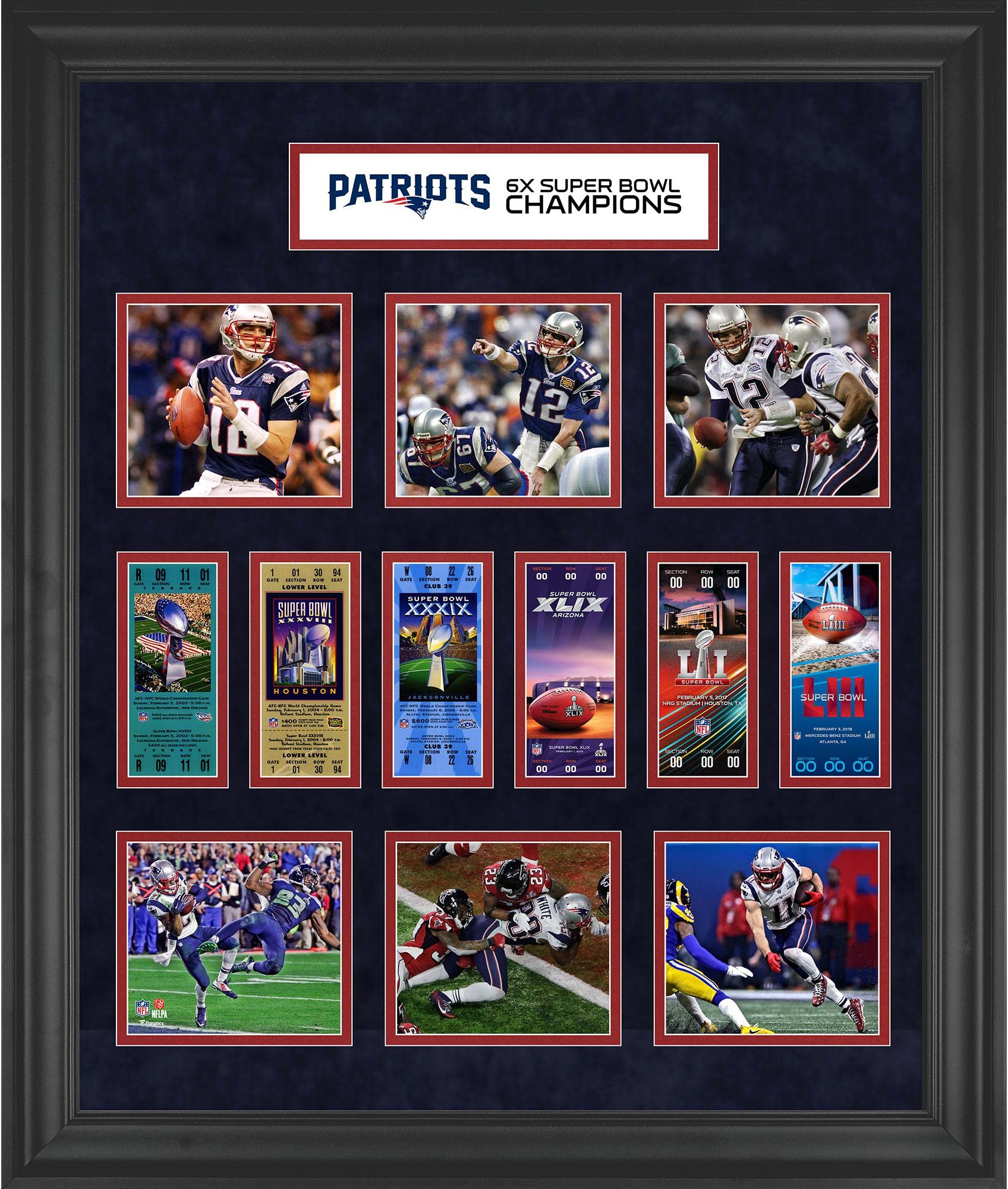 Sports Memorabilia New England Patriots Framed 23" x 27" 6-Time Super Bowl Champion Ticket Collage - NFL Team Plaques and Collages