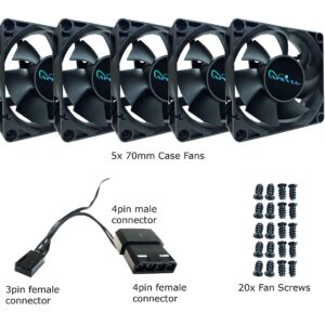 Apevia CF7025S-5 (5 Pk) 70mm x 70mm x25mm Black Case Fan W/4PIN Molex + 3PIN Motherboard Adapter