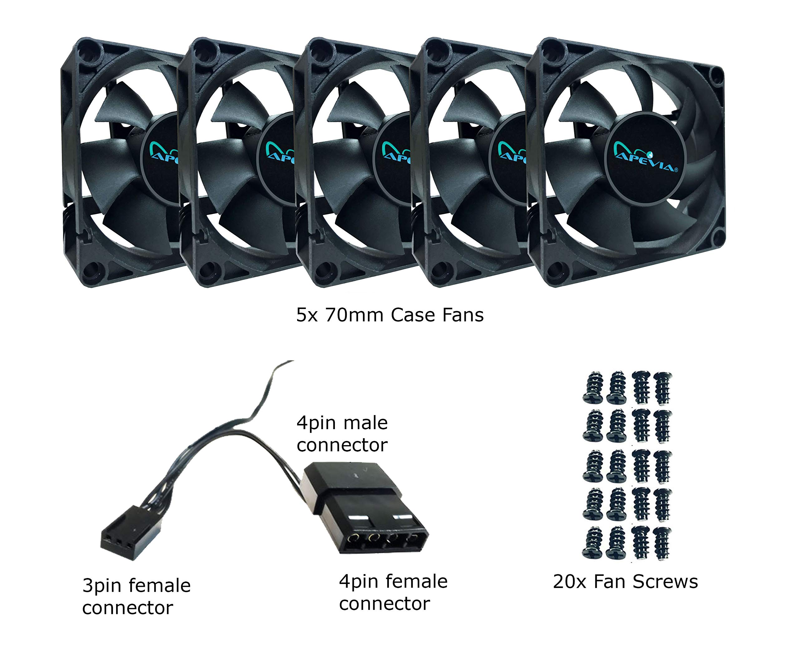 Apevia CF7025S-5 (5 Pk) 70mm x 70mm x25mm Black Case Fan W/4PIN Molex + 3PIN Motherboard Adapter