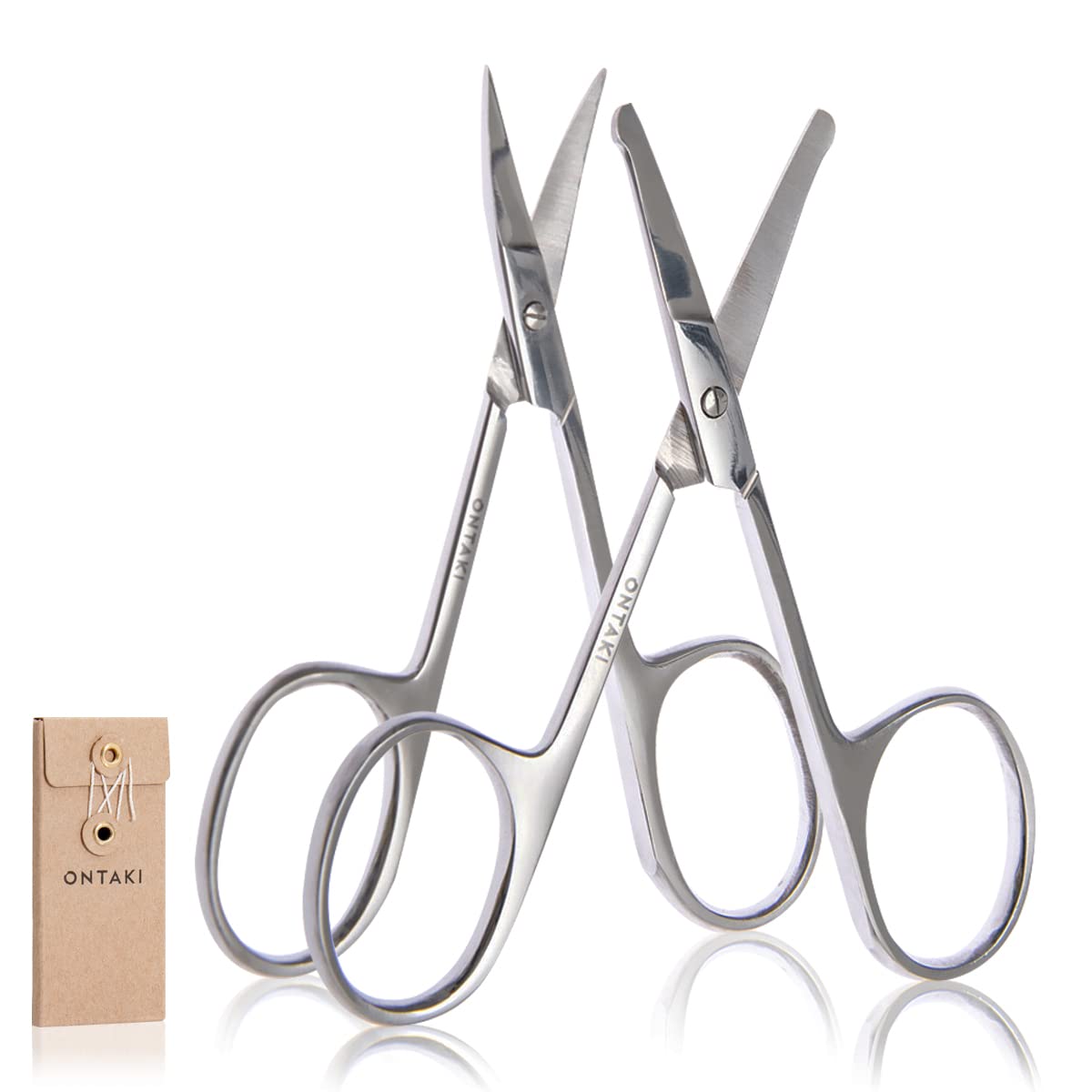 ONTAKI Curved and Rounded Facial Hair Scissors for Men - Mustache, Nose Hair & Beard Trimming Scissors, Safety Use for Eyebrows, Eyelashes, and Ear Hair - Professional Stainless Steel (Silver)