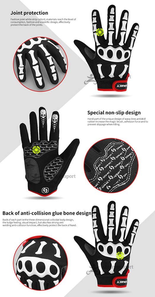 Runspeed Cycling Gloves Skull Bone Skeleton Motorcycle Mountain Bike Road Racing Bicycle Shockproof Gel Pad Riding Touch Recognition Full Finger Men Women Work Glove (Black/White, Large)