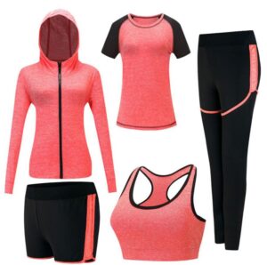 zetiy women's 5pcs sport suits fitness yoga running athletic tracksuits (xl, orange)