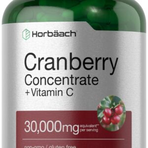 Horbäach Cranberry Concentrate Extract Pills + Vitamin C | 30,000mg | 120 Capsules | Triple Strength Ultimate Potency Formula | Non-GMO and Gluten Free Supplement