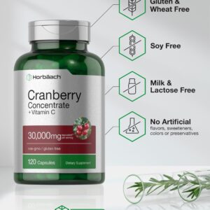 Horbäach Cranberry Concentrate Extract Pills + Vitamin C | 30,000mg | 120 Capsules | Triple Strength Ultimate Potency Formula | Non-GMO and Gluten Free Supplement