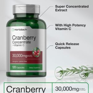 Horbäach Cranberry Concentrate Extract Pills + Vitamin C | 30,000mg | 120 Capsules | Triple Strength Ultimate Potency Formula | Non-GMO and Gluten Free Supplement