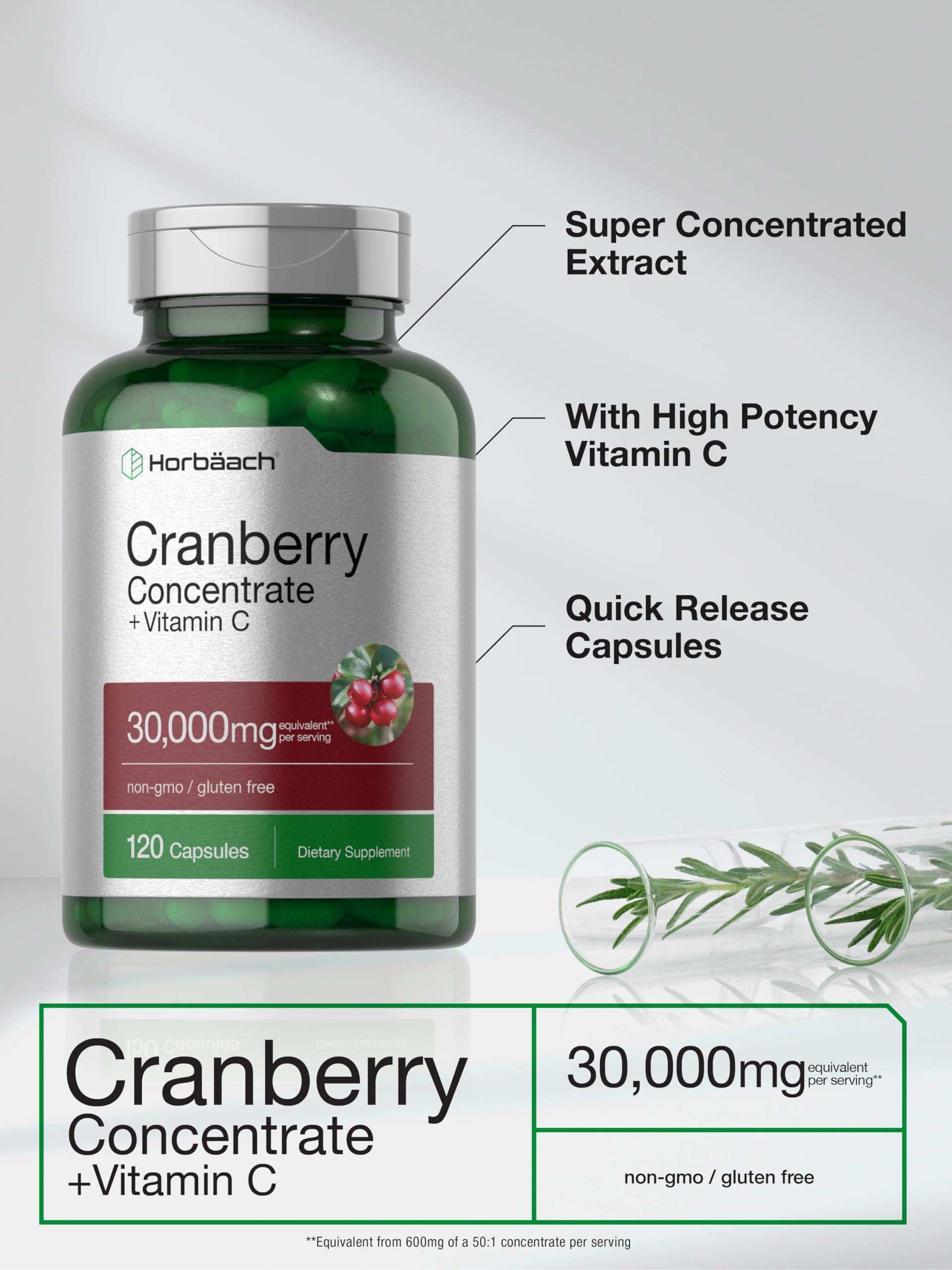 Horbäach Cranberry Concentrate Extract Pills + Vitamin C | 30,000mg | 120 Capsules | Triple Strength Ultimate Potency Formula | Non-GMO and Gluten Free Supplement